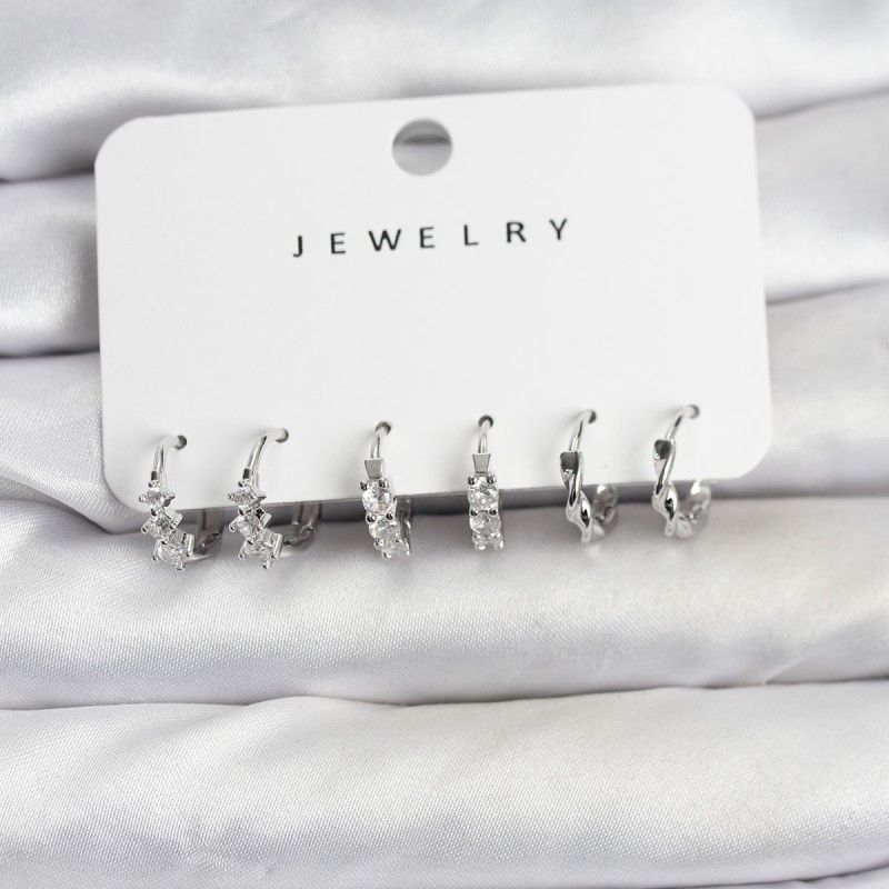 Pirinç Gümüş Renk Zirkon Taşlı Kadın Küpe Seti