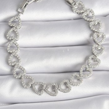 Pirinç Gümüş Renk Zirkon Taşlı Kalp Model VIP Seri Kadın Bileklik