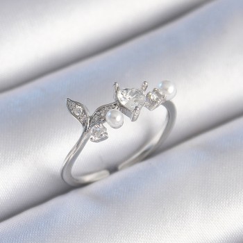 Pirinç Gümüş Renk Zirkon Taşlı Kalp Yaprak Model İnci Detay Kadın Yüzük