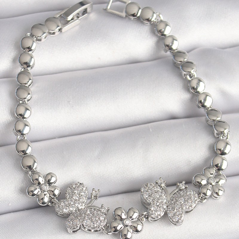 Pirinç Gümüş Renk Zirkon Taşlı Kelebek Figür Çiçek Zincir Model Kadın Bileklik