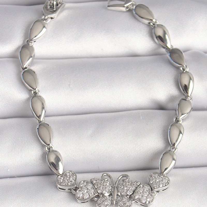 Pirinç Gümüş Renk Zirkon Taşlı Kelebek Figür Damla Zincir Model Kadın Bileklik