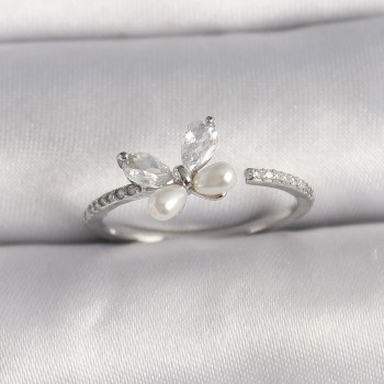 Pirinç Gümüş Renk Zirkon Taşlı Kelebek Model İnci Detaylı Ayarlanabilir Yüzük