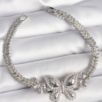 Pirinç Gümüş Renk Zirkon Taşlı Kelebek Model Kadın Bileklik