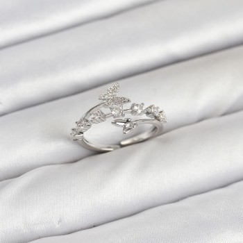 Pirinç Gümüş Renk Zirkon Taşlı Kelebek Model Kadın Yüzük