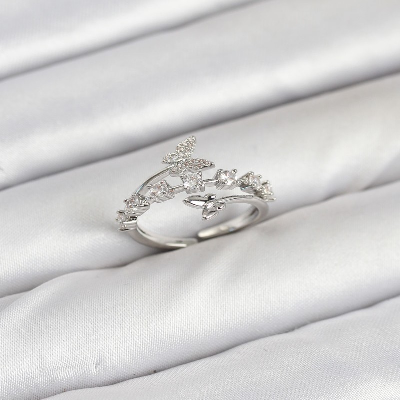 Pirinç Gümüş Renk Zirkon Taşlı Kelebek Model Kadın Yüzük