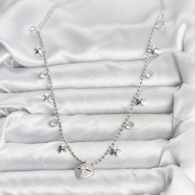 Pirinç Gümüş Renk Zirkon Taşlı Kutup Yıldızı Model Kadın Kolye