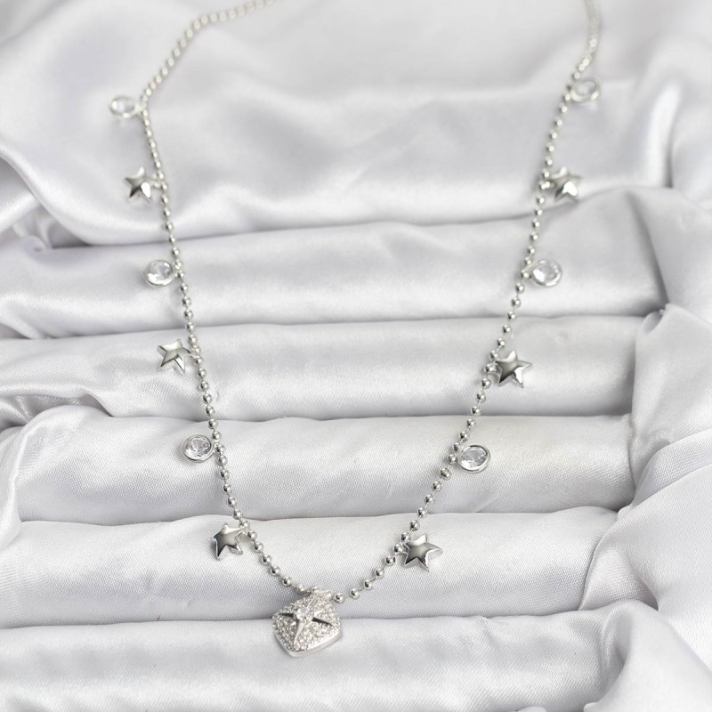 Pirinç Gümüş Renk Zirkon Taşlı Kutup Yıldızı Model Kadın Kolye