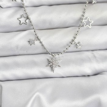 Pirinç Gümüş Renk Zirkon Taşlı Kutup Yıldızı Model Kadın Kolye