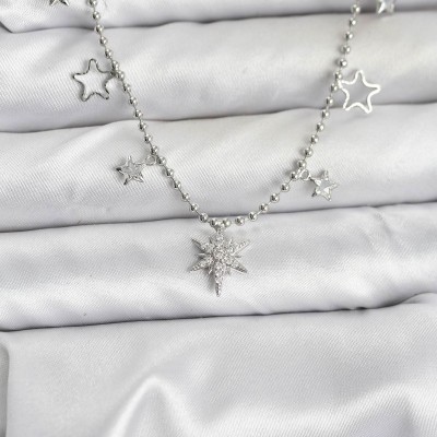 Pirinç Gümüş Renk Zirkon Taşlı Kutup Yıldızı Model Kadın Kolye