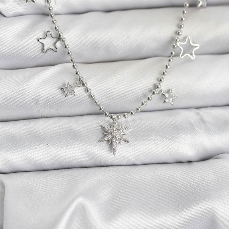 Pirinç Gümüş Renk Zirkon Taşlı Kutup Yıldızı Model Kadın Kolye