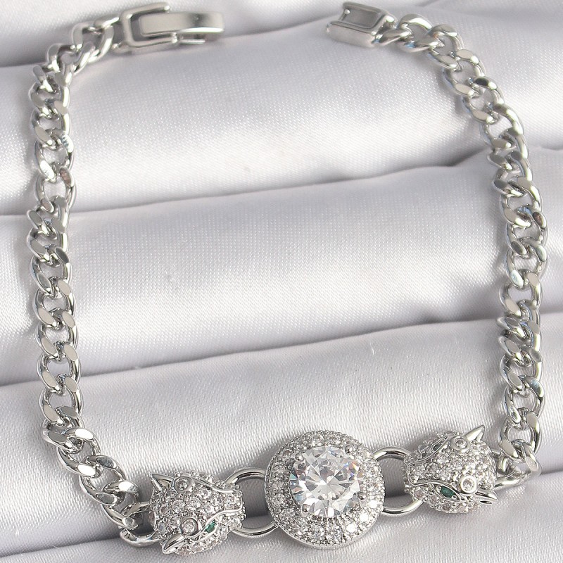 Pirinç Gümüş Renk Zirkon Taşlı Leopar Figür Zincir Model Kadın Bileklik