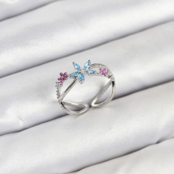 Pirinç Gümüş Renk Zirkon Taşlı Mavi Çiçekli Kadın Yüzük