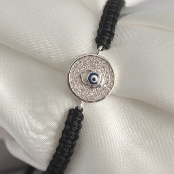 Pirinç Gümüş Renk Zirkon Taşlı Nazar Boncuk İşleme Makrome Asansörlü Model Kadın Bileklik