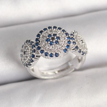 Pirinç Gümüş Renk Zirkon Taşlı Nazar Boncuk Model Ayarlanabilir Kadın Yüzük