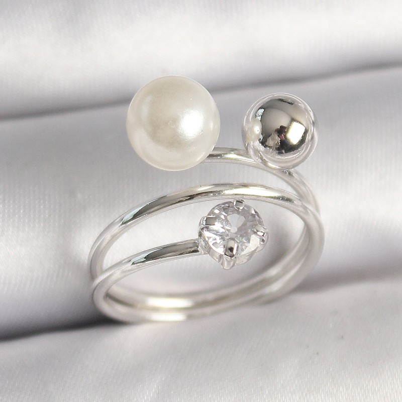 Pirinç Gümüş Renk Zirkon Taşlı Toplu İnci Model Kadın Yüzük