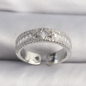 Pirinç Gümüş Renk Zirkon Taşlı Yıldız İşleme VIP Seri Kadın Yüzük