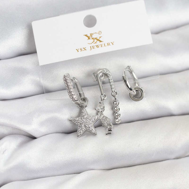 Pirinç Gümüş Renk Zirkon Taşlı Yıldız Vintage Model YSX Trio Küpe Seti