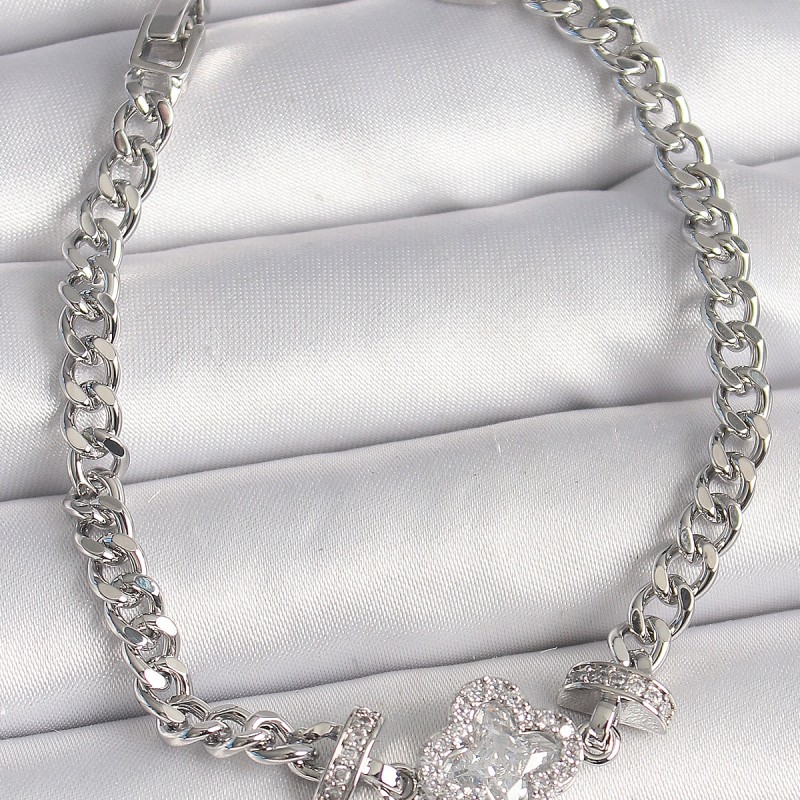 Pirinç Gümüş Renk Zirkon Taşlı Yonca Figür Zincir Model Kadın Bileklik