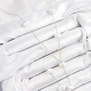 Pirinç İncili Kalp Figürlü Y Model Gümüş Renk Kadın Kolye