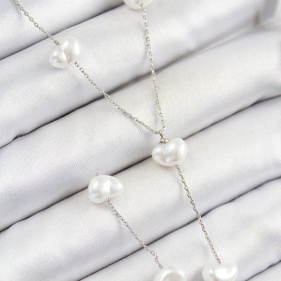 Pirinç İncili Kalp Figürlü Y Model Gümüş Renk Kadın Kolye