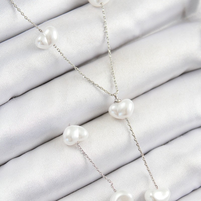 Pirinç İncili Kalp Figürlü Y Model Gümüş Renk Kadın Kolye