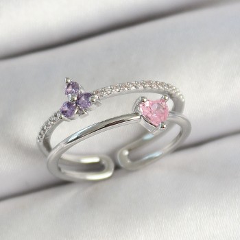 Pirinç Kalp Ve Çiçek Figürlü Zirkon Taşlı Gümüş Renk Ayarlanabilir Kadın Yüzük