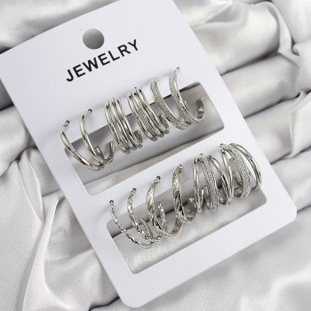 Pirinç Karışık Halka Model Gümüş Renk 6 Çift Kadın Küpe Set