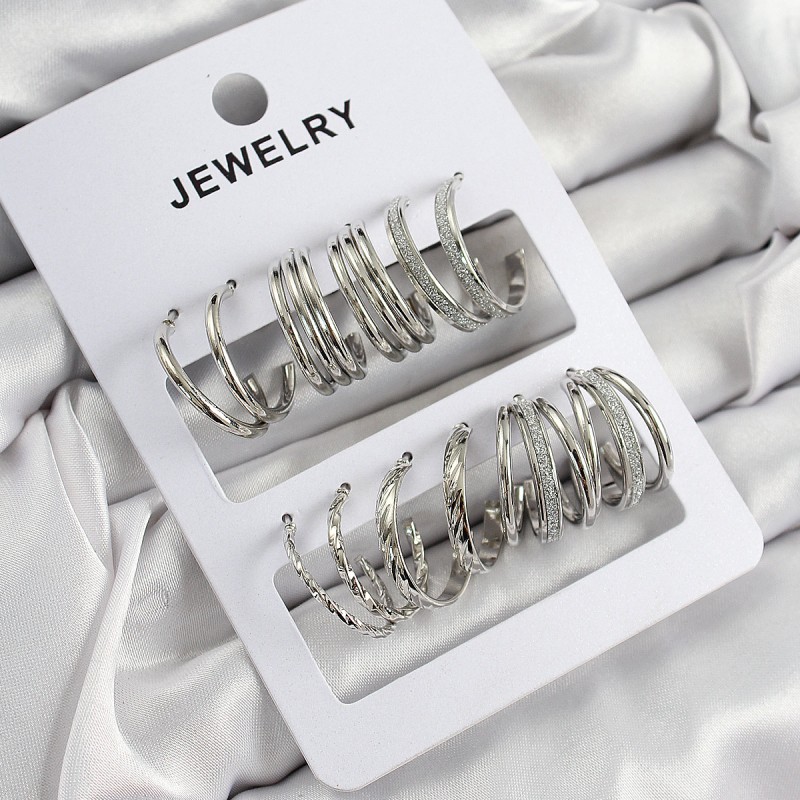 Pirinç Karışık Halka Model Gümüş Renk 6 Çift Kadın Küpe Set