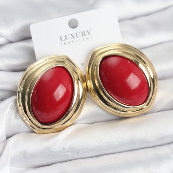 Pirinç Kırmızı Badem Model Vintage Gold Kadın Küpe