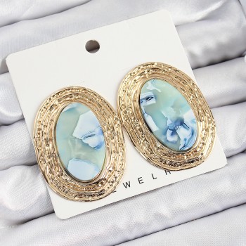 Pirinç Mermer Desenlli Mavi Sedef Oval Vintage Model Gold Renk Kadın Küpe