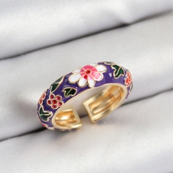 Pirinç Mor Mineli Çiçek Motifli Gold Renk Ayarlanabilir Kadın Yüzük