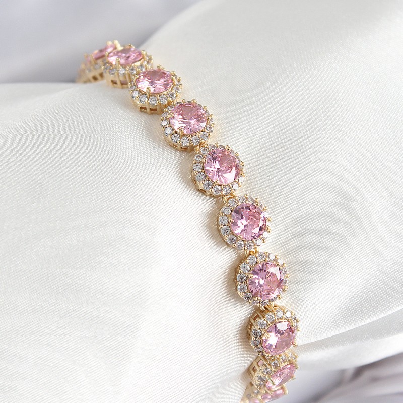 Pirinç Pembe Zirkon Taşlı Daire Baget Model Gold Renk VIP Seri Kadın Bileklik