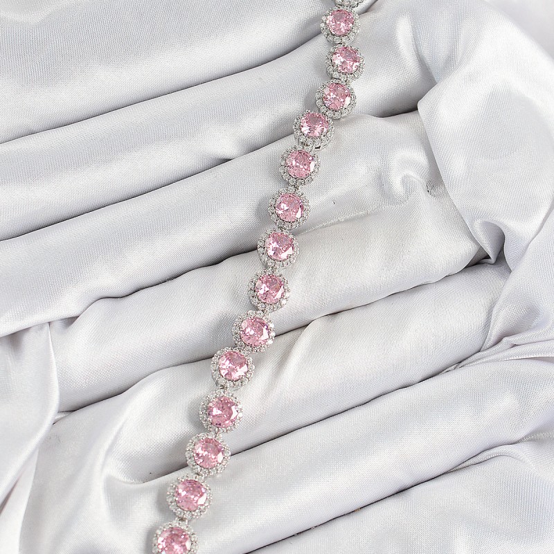 Pirinç Pembe Zirkon Taşlı Daire Baget Model Gümüş Renk VIP Seri Kadın Bileklik