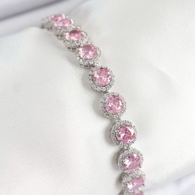 Pirinç Pembe Zirkon Taşlı Daire Baget Model Gümüş Renk VIP Seri Kadın Bileklik