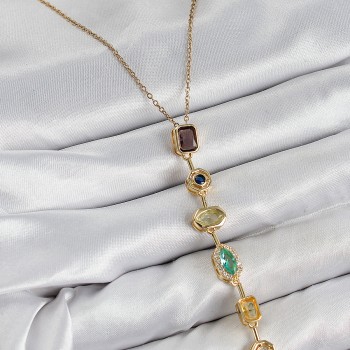 Pirinç Renkli Zirkon Taşlı Model Gold Renk 7 Element Kadın Y Kolye