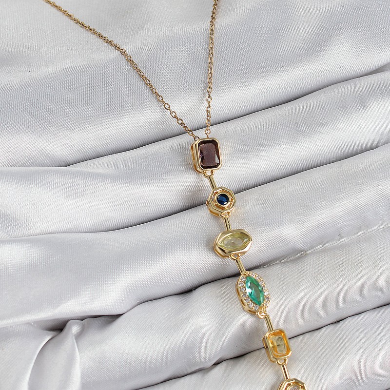 Pirinç Renkli Zirkon Taşlı Model Gold Renk 7 Element Kadın Y Kolye