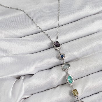 Pirinç Renkli Zirkon Taşlı Model Gümüş Renk 7 Element Kadın Y Kolye