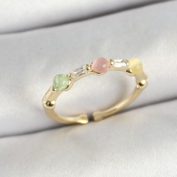 Pirinç Sıralı Boncuk Figürlü Zirkon Taşlı Gold Renk Ayarlanabilir Kadın Yüzük