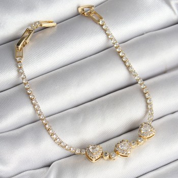 Pirinç Sıralı Kalp Figürlü Zirkon Taşlı Gold Renk Kadın Bileklik