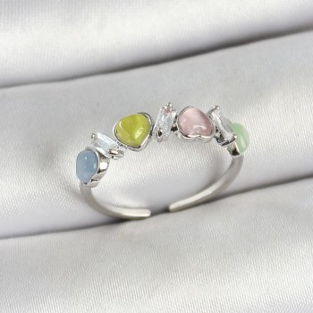 Pirinç Sıralı Kalp Figürlü Zirkon Taşlı Gümüş Renk Ayarlanabilir Kadın Yüzük