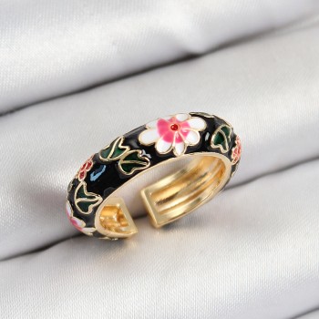 Pirinç Siyah Mineli Çiçek Motifli Gold Renk Ayarlanabilir Kadın Yüzük