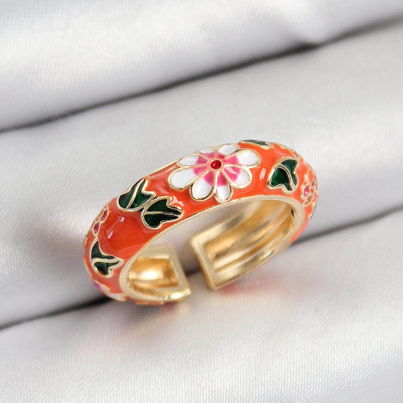 Pirinç Turuncu Mineli Çiçek Motifli Gold Renk Ayarlanabilir Kadın Yüzük