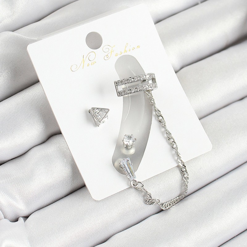 Pirinç Üçgen Figürlü Zirkon Taşlı Gümüş Renk 3'lü Kıkırdak Kadın Küpe Set