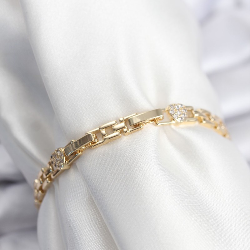 Pirinç VIP Seri Gold Renk Zincir Model Kalpli Zirkon Taşlı Kadın Bileklik