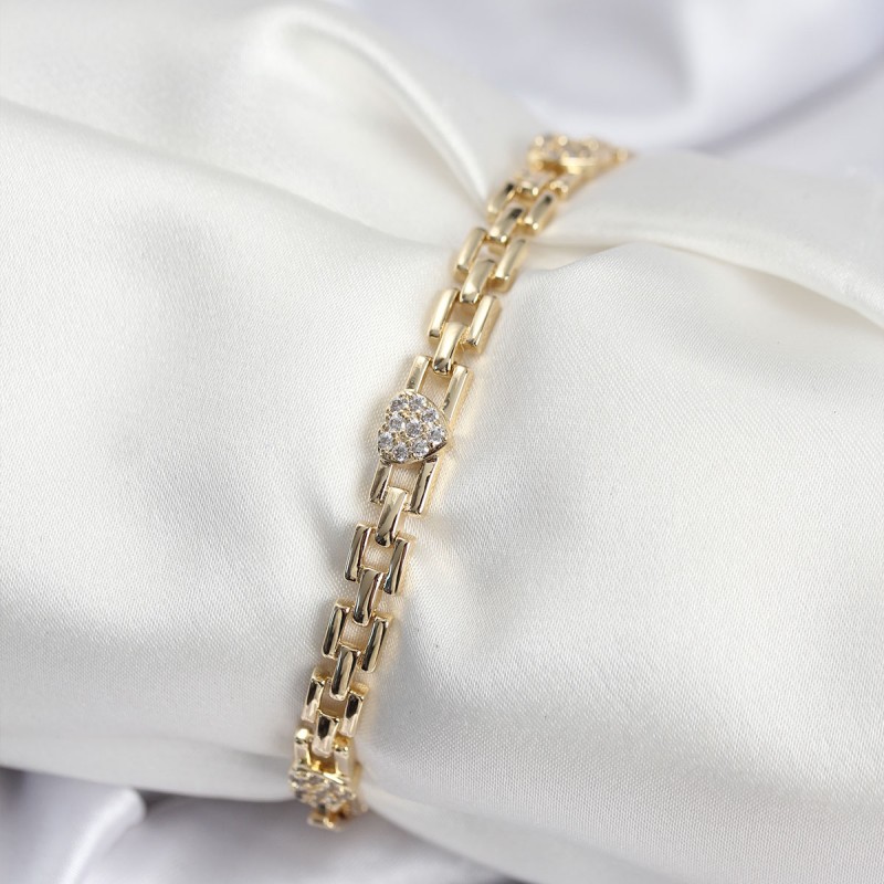 Pirinç VIP Seri Gold Renk Zincir Model Kalpli Zirkon Taşlı Kadın Bileklik