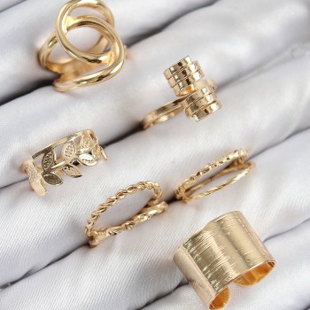 Pirinç Yaprak Model Gold Renk Kadın Yüzük Kombin Set