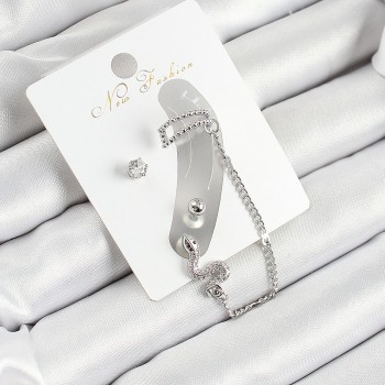 Pirinç Yılan Figürlü Zirkon Taşlı Gümüş Renk 3'lü Kıkırdak Kadın Küpe Set