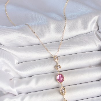 Pirinç Zincir Gold Renk Pembe Zirkon Taşlı Y Kolye