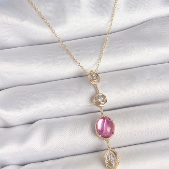 Pirinç Zincir Gold Renk Pembe Zirkon Taşlı Y Kolye