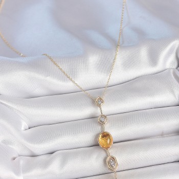 Pirinç Zincir Kehribar Sarı Gold Renk Zirkon Taşlı Y Kolye